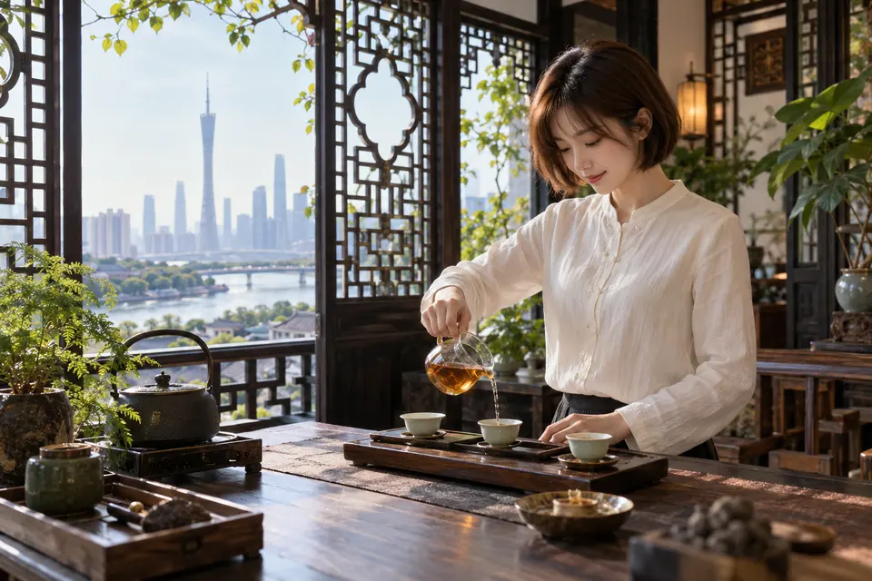岭南花窗前的冲泡空间，公道杯与茶席布置